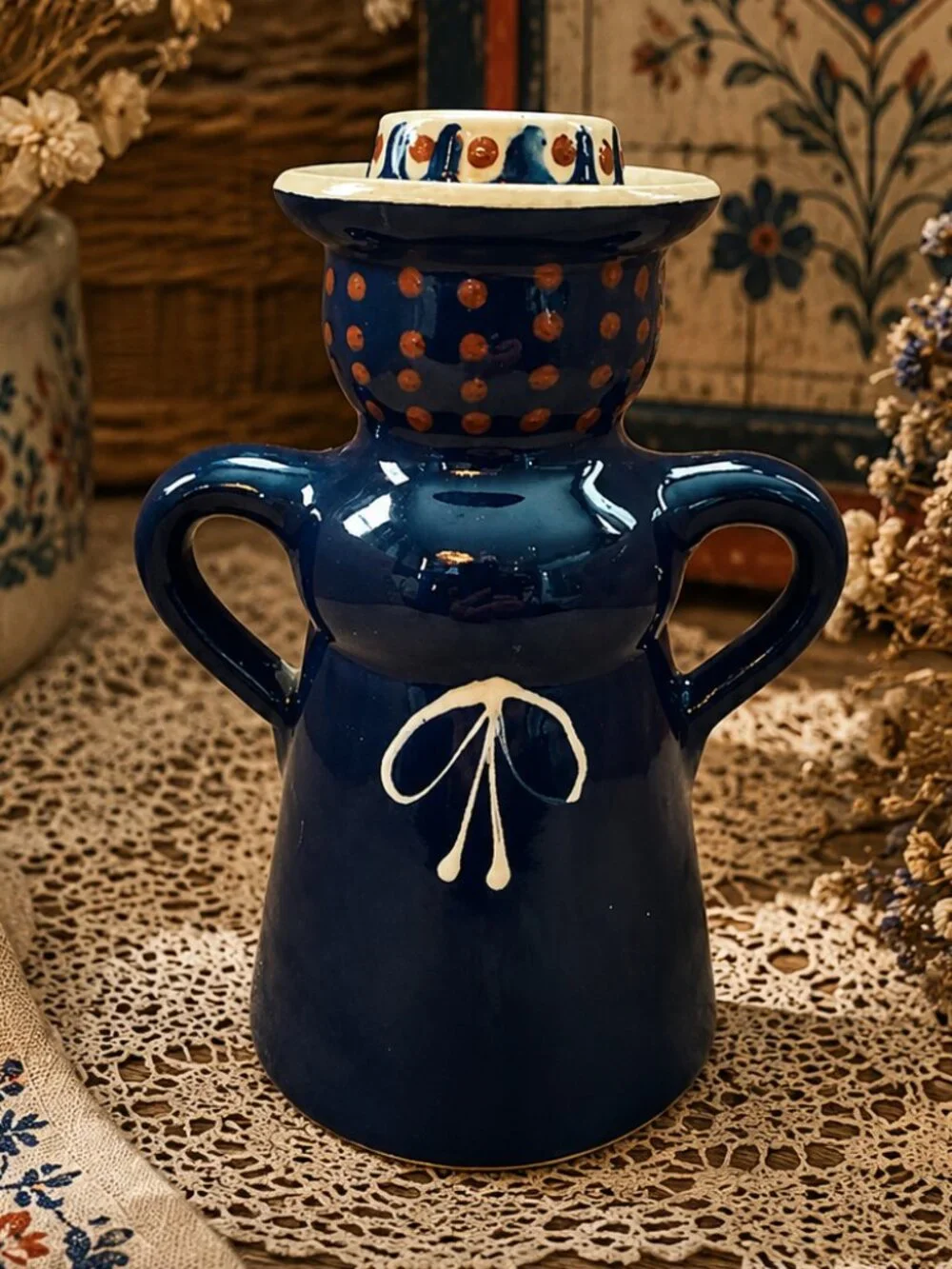 Polish Pottery Hand Painted Woman Figurine Candle Holder